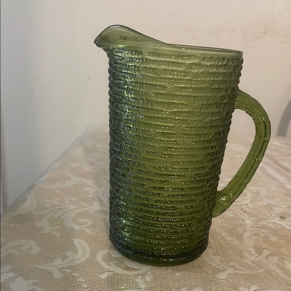 Vintage Green Textured Glass Pitcher